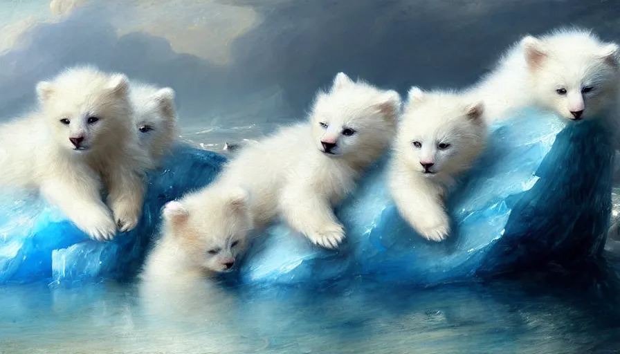 Image similar to highly detailed painting of cute furry white baby bear cats cuddling into each other on a blue and white iceberg by william turner, by greg rutkowski, by william constable, thick brush strokes and visible paint layers, 4 k resolution