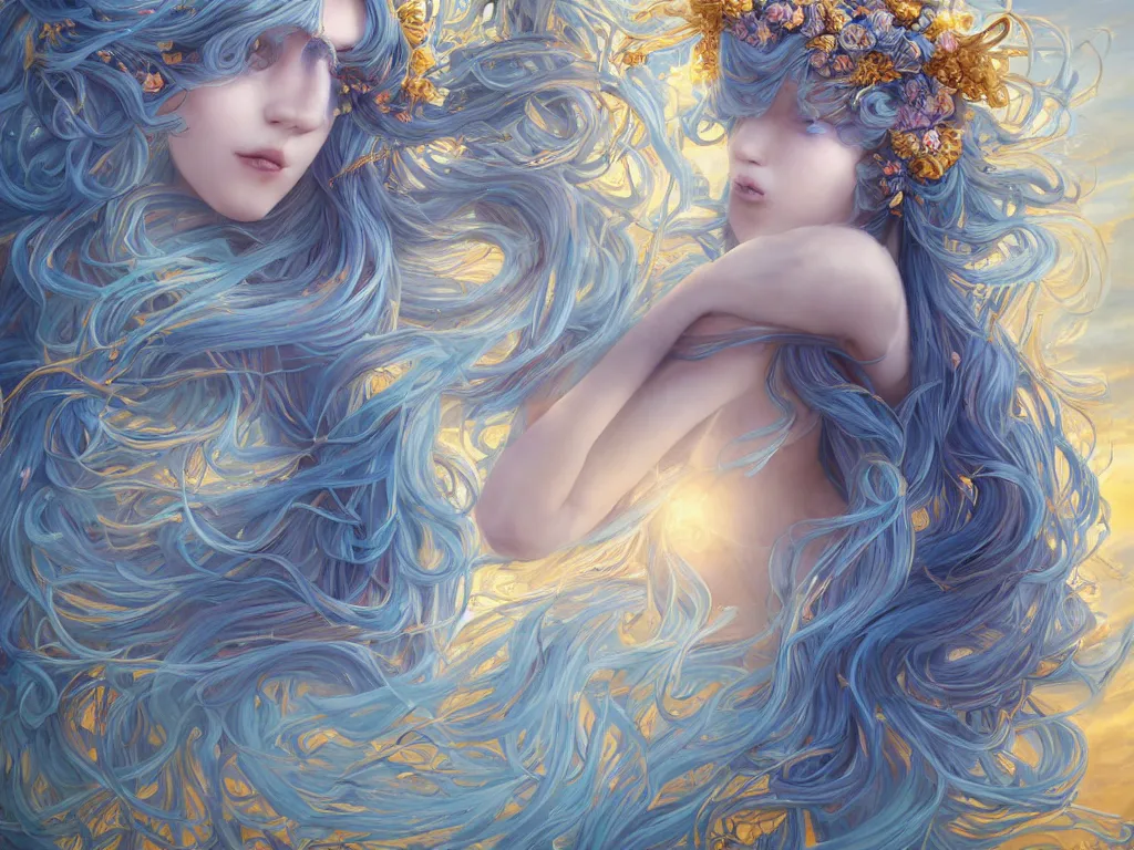 Image similar to breathtaking detailed painting of a full shot knight queen with long flowing bright blue hair, pastel flowers petals and golden tumultuous clouds, art by pilyeon and yuumei art, symmetrical facial features, at dawn in front of a pristine golden art nouveau cathedral, elegant, volumetric lighting, highly detailed, artstation, concept art, matte, sharp focus,