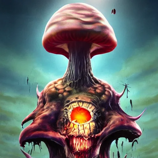 Image similar to Infected mushroom, zombified mushroom with facial features, style of Infected mushroom cover art, monstrocity big mushroom, infection, epic psycho, pose, enlightment, illumination, digital art, HD Quality, Artstation, UHD 4K image