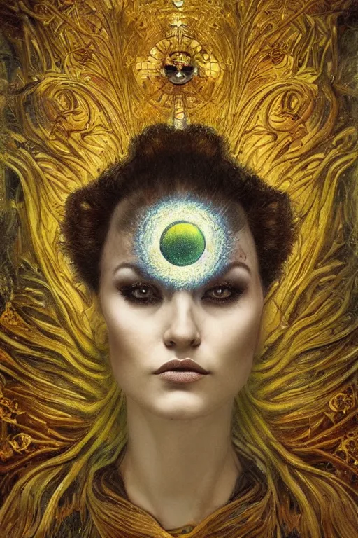 Image similar to Intermittent Chance of Chaos Muse by Karol Bak, Jean Deville, Gustav Klimt, and Vincent Van Gogh, beautiful surreal face portrait, enigma, destiny, fate, inspiration, muse, otherworldly, fractal structures, arcane, ornate gilded medieval icon, third eye, spirals