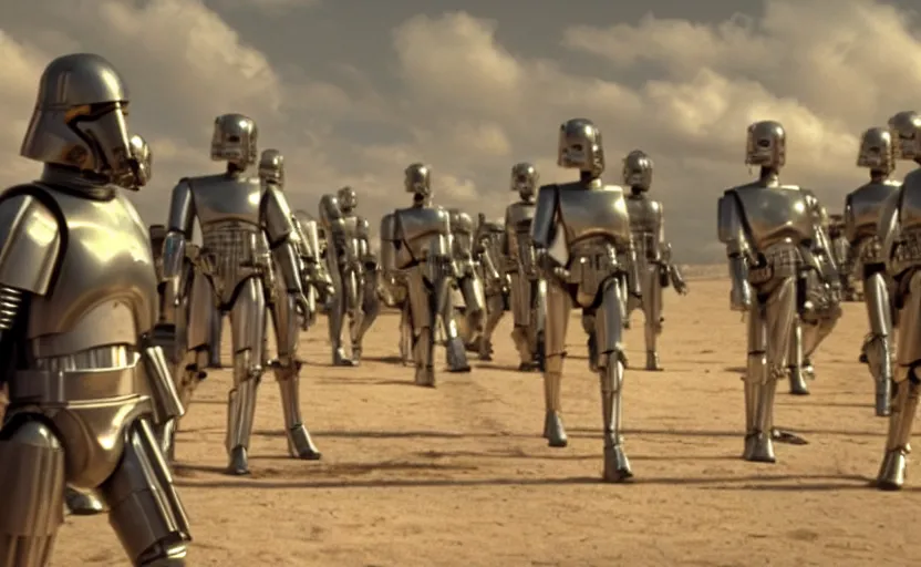 Image similar to screenshot of the epic scene featuring Luke Skywalker in grey body armor, he is helping an army fleet of chrome C-3P0 droids, iconic scene from 1980s film by Stanley Kubrick, 4k, cinematic still frame, surreal sci fi architecture, portrait photoreal, detailed face, moody lighting, stunning cinematography, hyper detailed, sharp, anamorphic lenses, kodak color film stock