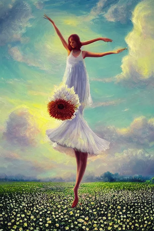 Image similar to giant white daisy flower as head, girl dancing in a flower field, surreal photography, sunrise, dramatic light, impressionist painting, colorful clouds, digital painting, artstation, simon stalenhag