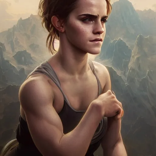 Image similar to portrait painting of a muscular emma watson, ultra realistic, concept art, intricate details, eerie, highly detailed, photorealistic, octane render, 8 k, unreal engine. art by artgerm and greg rutkowski and alphonse mucha