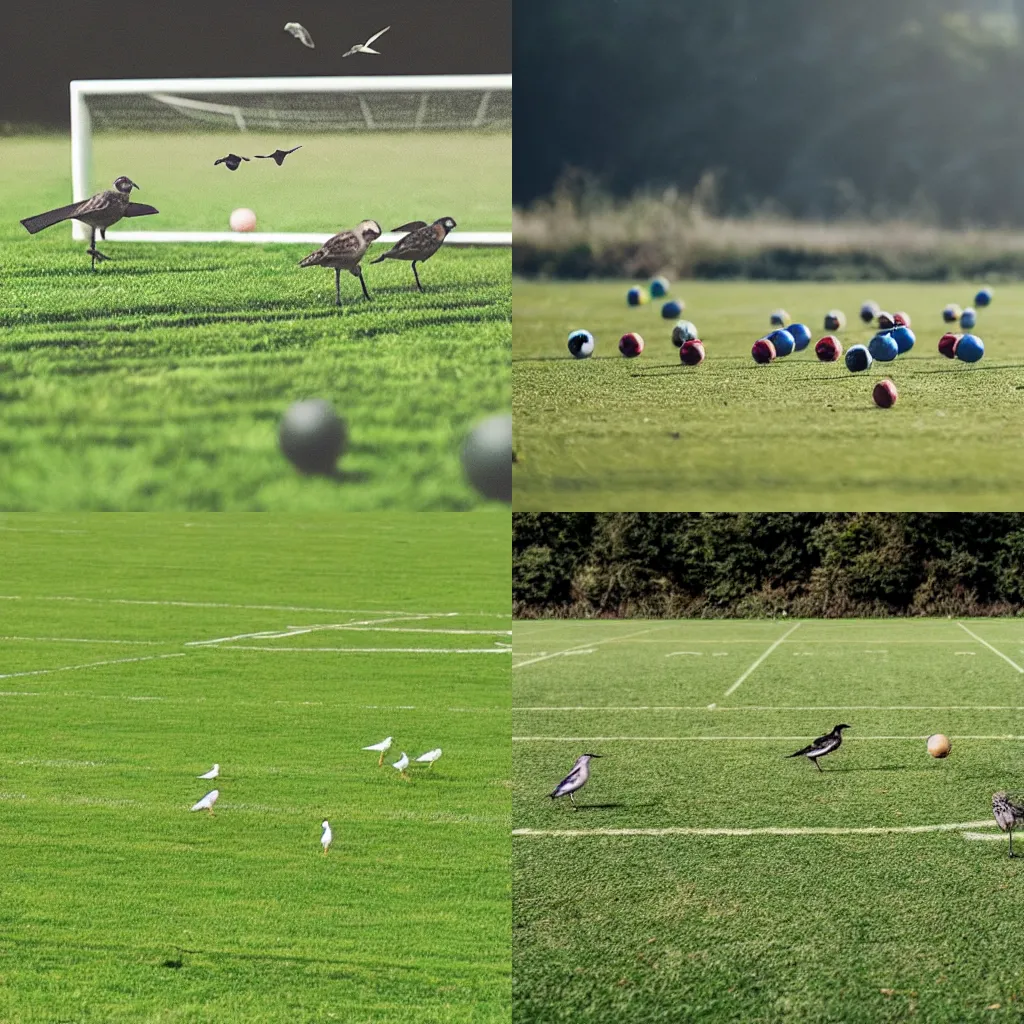 Prompt: Photo of birds playing football in the middle of a field with a miniature ball