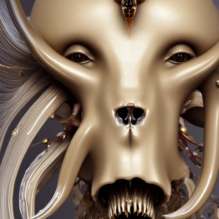 Image similar to goddess princess face close-up portrait ram skull. sculpture made of polished gold and matte obsidian. jellyfish phoenix head, nautilus, orchid, skull, betta fish, bioluminiscent creatures, intricate artwork by Tooth Wu and wlop and beeple. octane render, trending on artstation, greg rutkowski very coherent symmetrical artwork. cinematic, hyper realism, high detail, octane render, 8k