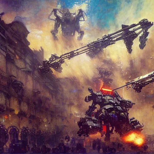 Image similar to six meters tall mech fighting in an urban environment, epic action scene, by gaston bussiere craig mullins jc leyendecker gustav klimt artgerm greg rutkowski john berkey, bergey, craig mullins, ruan jia, raymond swanland, jeremy mann, tom lovell, alex malveda, ray casting, hdr