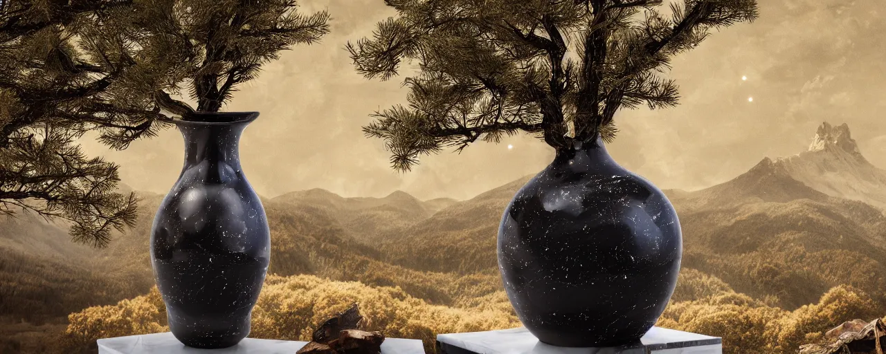 Prompt: decoration on vase, tundra, mountain, pine, oaks, trees, architectural, temples, wide angle, puffy clouds, skies behind, stars in sky, italian masterpiece, ashford black marble with golden veins, sculpture, drapes, ocher details, still life, render, artstation, ultra detailed