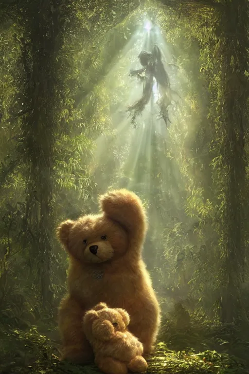 Image similar to mean fluffy teddybear protecting girl in a forest with rays of light coming through the canopy, masterpiece, dystopian, sci-fi, extremely detailed, digital painting, sculpted in zbrush, artstation, concept art, smooth, sharp focus, illustration, chiaroscuro lighting, golden ratio, incredible art, artgerm, greg rutkowski, alphonse mucha, simon stalenhag, carravaggio