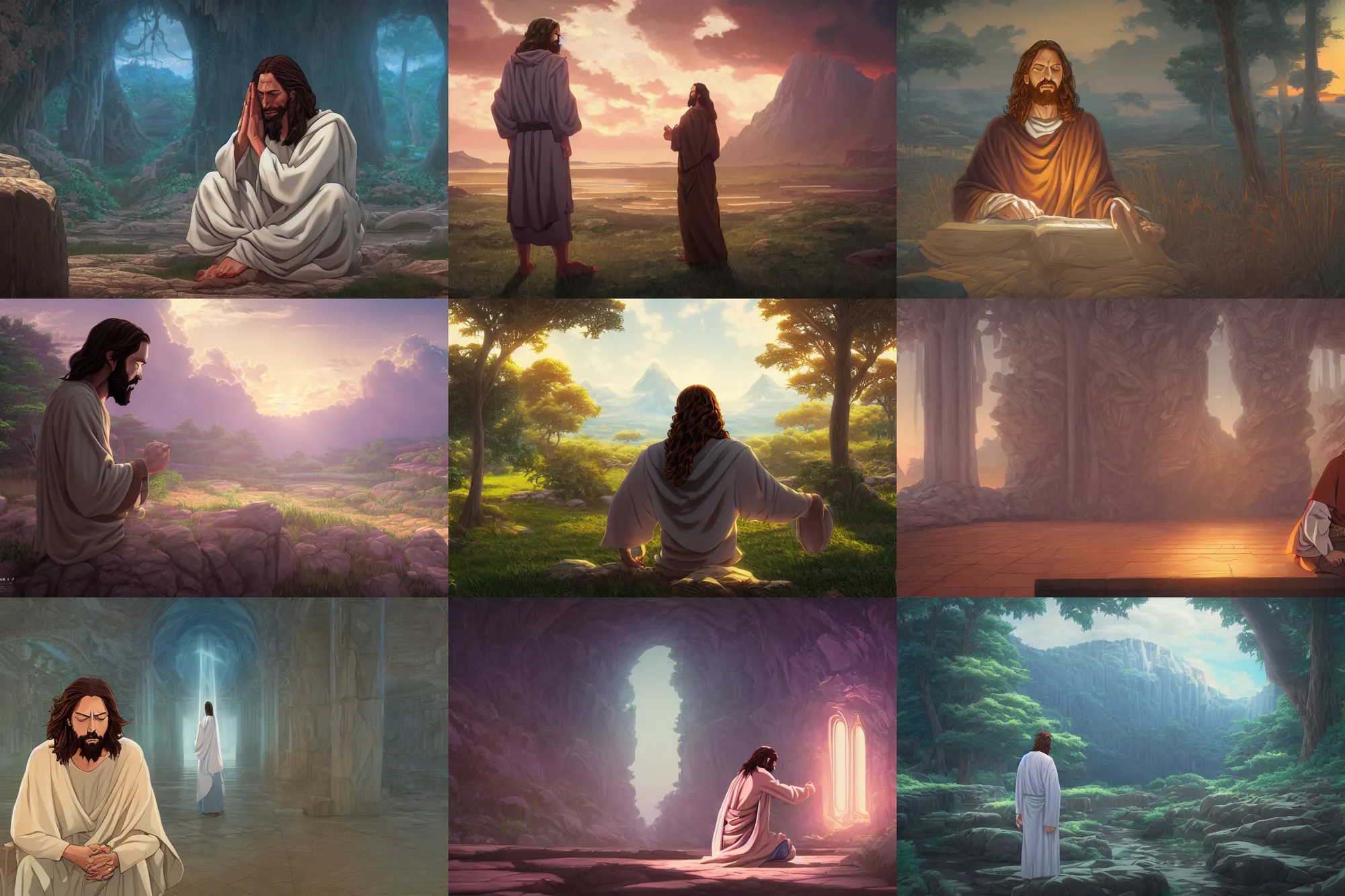 Prompt: a portrait of jesus praying, fantasy by dan mumford, yusuke murata and makoto shinkai, 8 k, cel shaded, unreal engine, featured on artstation, pixiv