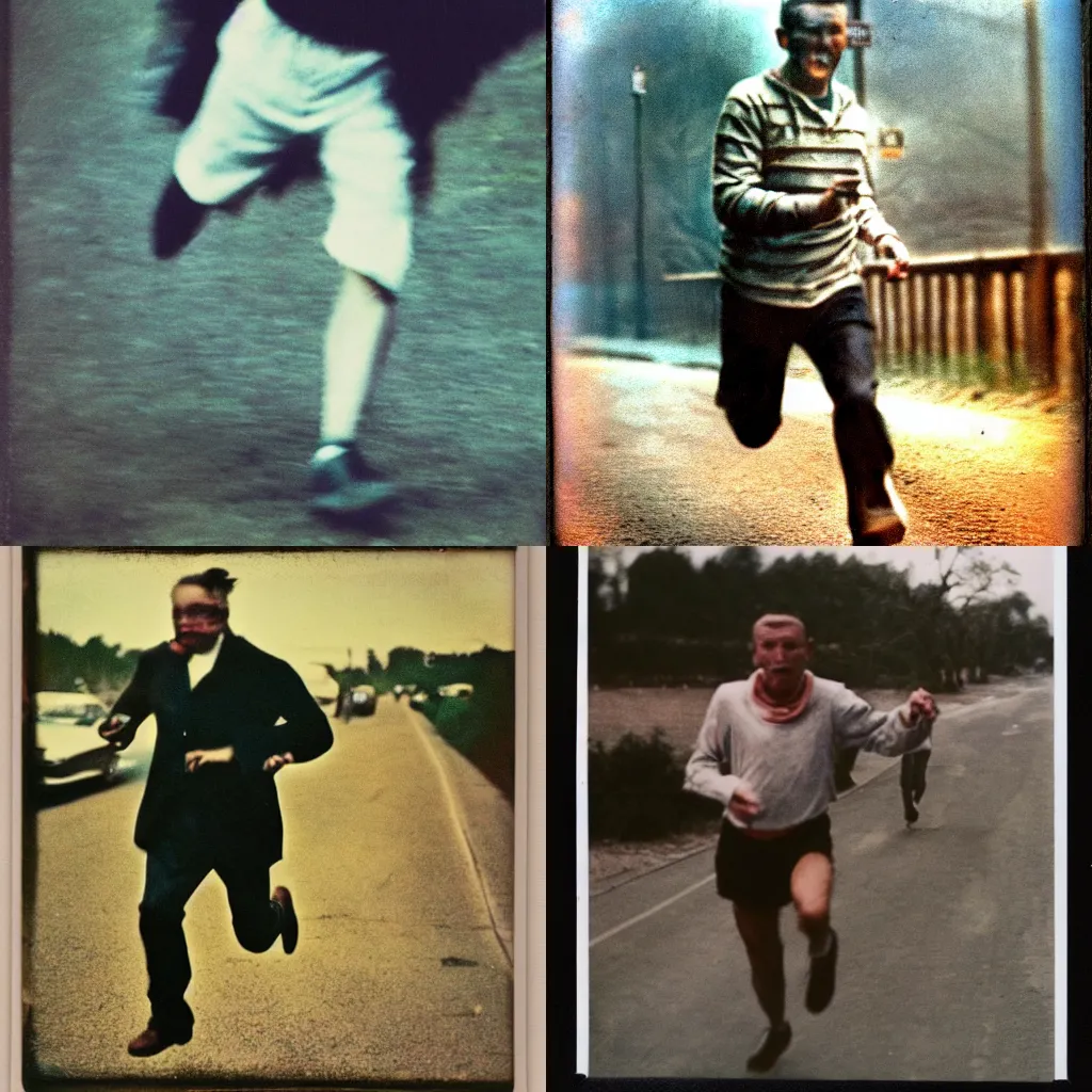 Prompt: A man running for his life, polaroid colored, restaured, award winning photo, very famous photo