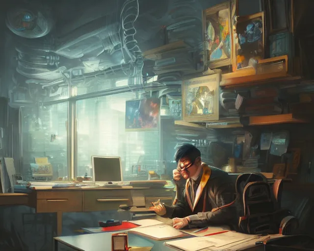 Image similar to an insanely detailed painting of a nerdy asian man wearing a superhero costume, sitting at a desk, staring at the nervously at the computer and typing, in the style of peter mohrbacher, dramatic lighting and composition, octane render, pixar, trending on artstation, concept art, comic book, view from behind