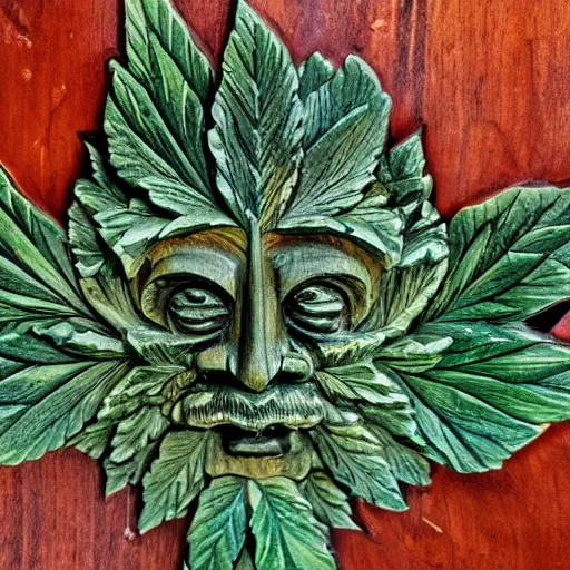 Prompt: deeply carved and stained, highly detailed wood carving depicting the face of the marijuana green man, as if made of obvious cannabis fan leaves, resting in a bed of real cannabis leaves