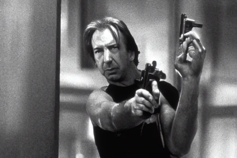 Image similar to film still of Alan Rickman as John McClane in Die Hard 1988