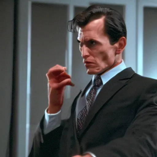 Image similar to Humanoid HIMARS as The American Psycho, cinematic still, sweating hard