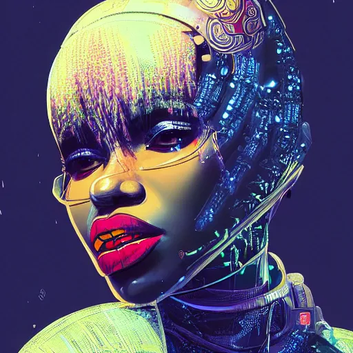 Image similar to detailed side profile portrait african american Neon Operator Girl, cyberpunk futuristic neon, reflective puffy coat, decorated with traditional Japanese ornaments by Ismail inceoglu dragan bibin hans thoma greg rutkowski Alexandros Pyromallis Nekro Rene Maritte Illustrated, Perfect face, fine details, realistic shaded, fine-face, pretty face