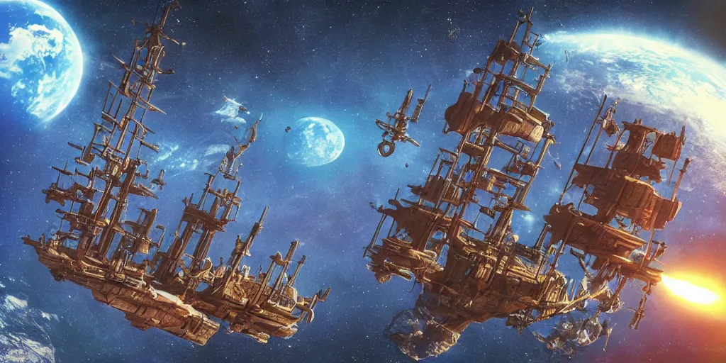 Image similar to a sci - fi pirate ship in space