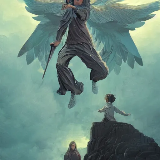 Image similar to angel protecting man, detailed intricate ink illustration, happy atmosphere, detailed illustration, hd, 4k, digital art, overdetailed art, by greg rutkowski, by loish, complementing colors, Trending on artstation, movie poster style, vector art style, Ghibli studio, blender render