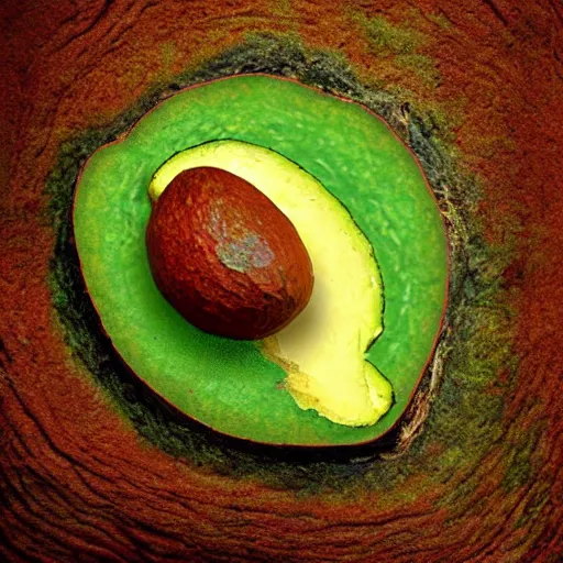 Image similar to realistic photo of a cave painting petroglyph of an avocado inside a heart, parietal art style, inside a cavern, cave painting, sepia colors