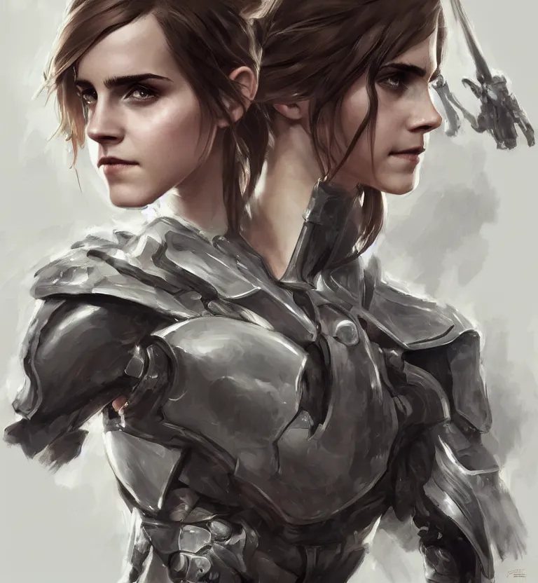 Image similar to fully body fashion model fantasy emma watson wearing military armor long dark hair beautiful bone structure symmetrical facial features intricate elegant digital painting concept art smooth sharp focus illustration from Metal Gear by Ruan Jia and Mandy Jurgens by Artgerm by William-Adolphe Bouguerea