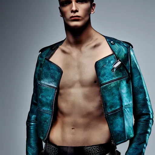 Prompt: an award - winning editorial photo of a male model wearing a baggy teal distressed designer medieval cropped leather menswear jacket by alexander mcqueen, 4 k, studio lighting