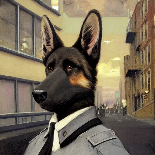 Image similar to new york city portrait of furry anthro anthropomorphic german shepard head animal person fursona wearing clothes nypd traditional police uniform in the alley, sunny day, digital art by Nerdrum John, William Waterhouse, Winslow Homer, Alex Heywood, Jordan Grimmer, Darren Quach, Greg Rutkowski, Simon Stalenhag, trending on Artstation, CGSociety