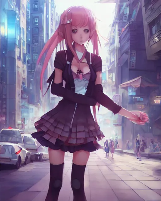 Image similar to concept art of a anime girl with robotic limbs, standing in a city center | | cute - fine - fine details by stanley artgerm lau, wlop, rossdraws, and sakimichan, trending on artstation, brush strokes