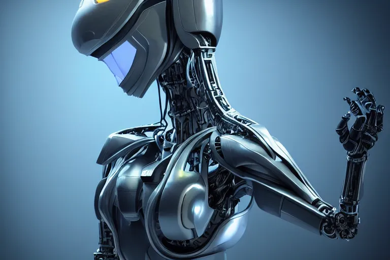 Image similar to cyberpunk alien concept inspired robot, futuristic look, highly detailed body, very powerful, photorealistic camera shot, bright studio setting, studio lighting, crisp quality and light reflections, unreal engine 5 quality render