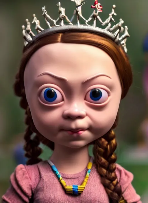 Image similar to highly detailed closeup, face profile portrait of greta thunberg as a tin toy fairytale princess wearing a crown eating cakes, bikini, unreal engine, nicoletta ceccoli, mark ryden, earl norem, lostfish, global illumination, detailed and intricate environment