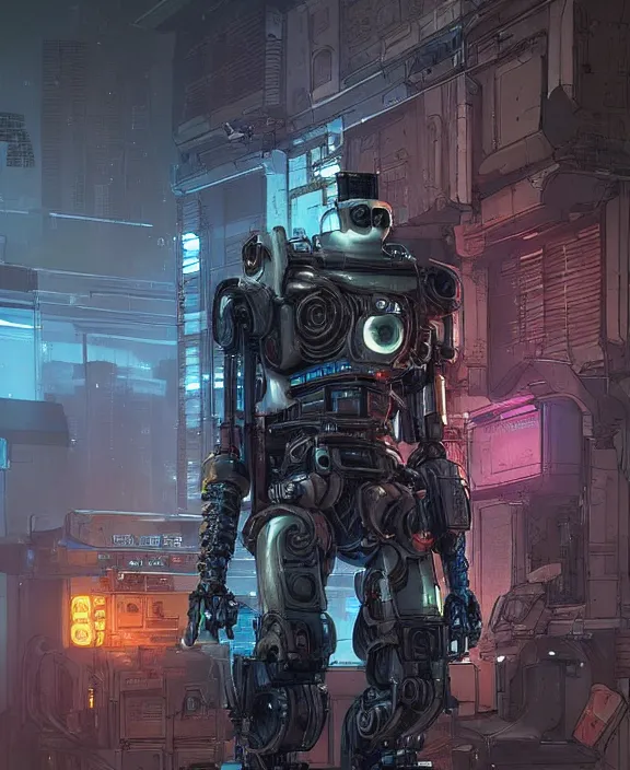 Image similar to cyberpunk pathfinder robot from apex legends, portrait by james gurney and laurie greasley, concept art, cinematic composition, dramatic lighting, highly detailed, vintage sci - fi