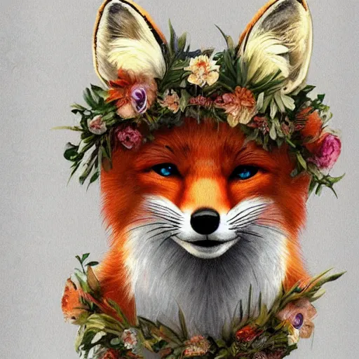 Image similar to portrait of a fox wearing a tiara wreath flowers, fantasy art, d & d, trending on artstation deviantart, beautiful art, highly detailed