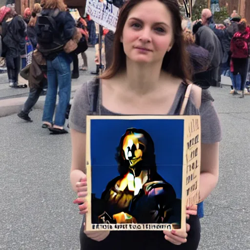 Image similar to the Mona Lisa in real life holding a picket sign protesting for abortion rights at a rally downtown, ultra detailed, 8k resolution, ultrarealistic