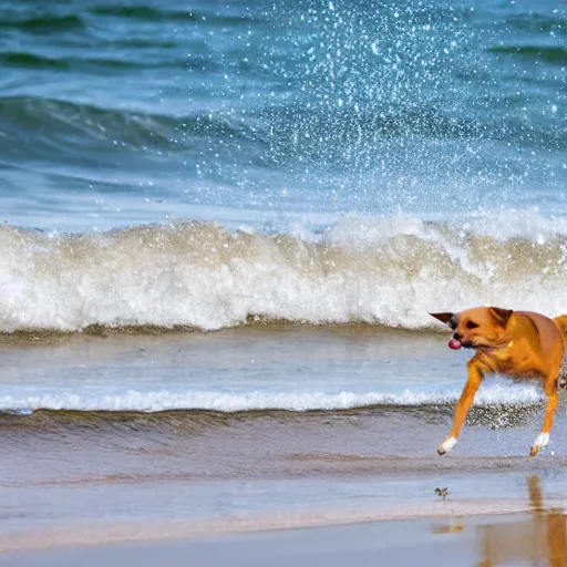 Prompt: a chihuahua running through the surf on the beach