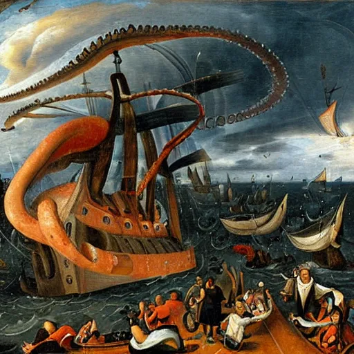 Prompt: A giant squid destroying a cruise ship in the middle of the ocean, by Jan Steen