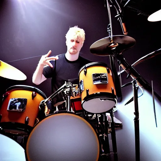 Prompt: photograph of a blonde man with a short goatee and long hair plays an 8 piece rock drum set, dramatic lighting,