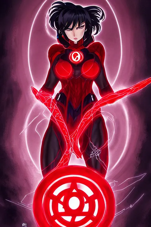 Image similar to anime key visual of a beautiful female red lantern!! intricate, red and black suit, glowing, powers, rage, anger, hate, dc comics, cinematic, stunning, highly detailed, digital painting, artstation, smooth, hard focus, illustration, art by artgerm and greg rutkowski and alphonse mucha