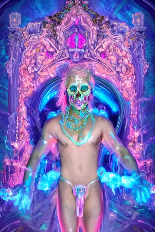 Prompt: photo of full-body rococo and cyberpunk delicate neon crystalline sculpture of ((handsome muscular onyx albino prince Joe Jonas)) as an blue iridescent humanoid deity wearing ((peach plastic hooded cloak)) (holding an onyx skull) in a onyx castle dungeon, reclining, glowing pink face, crown of (pink lasers), large blue diamonds, swirling black silk fabric. futuristic elements. oozing glowing liquid, full-length view. space robots. intricate artwork by caravaggio. Trending on artstation, octane render, cinematic lighting from the right, hyper realism, photorealistic, octane render, 8k, depth of field, 3D