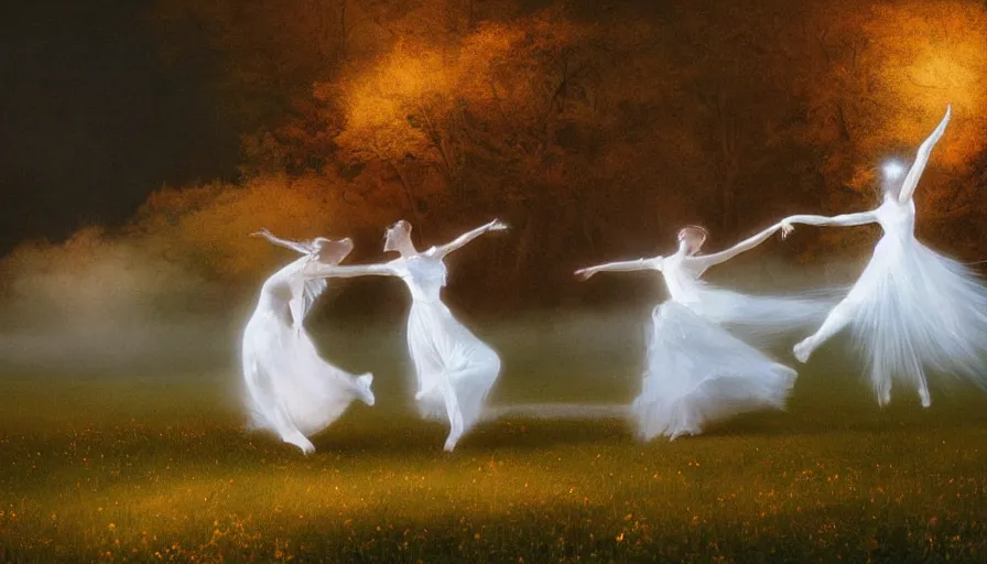 Image similar to dancers in white dancing across a flower meadow the moonlit dance of the fae by wojciech siudmak and ivan aivazovsky, contemporary dancers dancing artistic photography movement photorealistic volumetric cinematic light, award - winning