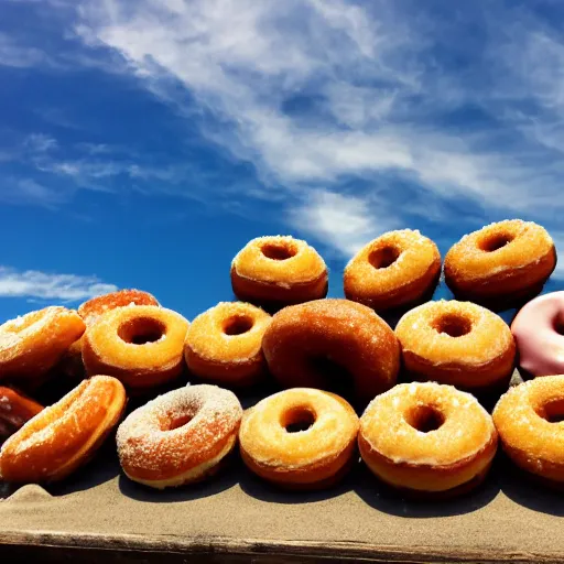 Prompt: photo of a mountain of delicious donuts, outdoor on a partly cloudy day