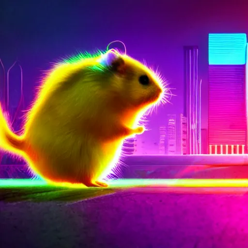 Image similar to hamster in a rainbow cyberpunk city with bright neon lights, 8 k, hd, light reflection