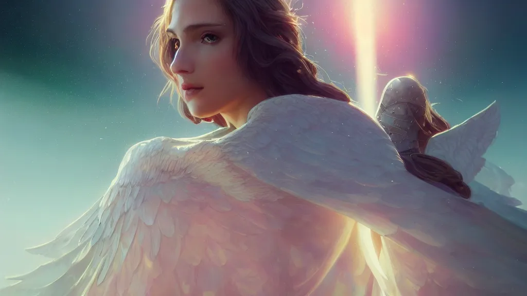 Image similar to one angel, big wings, low key light, full plate armor with cloth, f 1 6, bokeh, extreme close up portrait, gentle, female, mountain, storm, god rays, landscape, d & d, fantasy, elegant, teal pink white gold color palette, concept art, artgerm and greg rutkowski and alphonse mucha