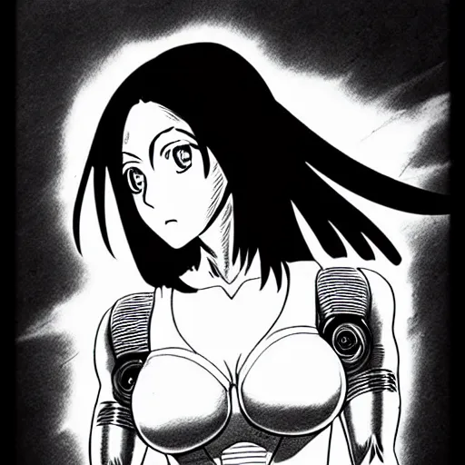 Image similar to alita by yukito kishiro. medium shot. black and white manga. pencil drawing. high detailed face