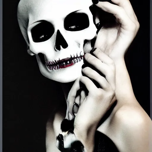 Image similar to portrait photo of a woman with a 3D skull instead of a head, cinematic, photography by Helmut Newton, 4K