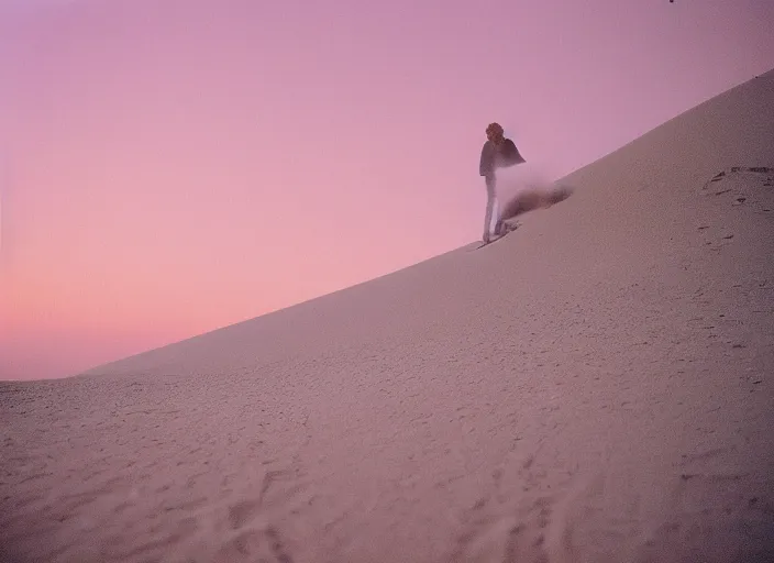 Image similar to detailed protrait photo of Luke skywalker vacuuming sand dunes. a pink dune, screenshot from the 1985 film, Photographed with Leica Summilux-M 24 mm lens, ISO 100, f/8, Portra 400