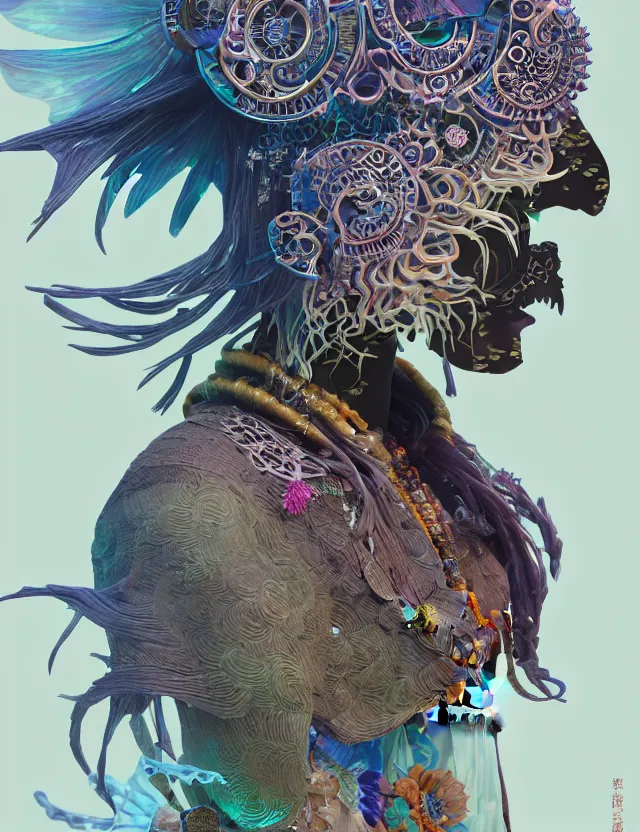 Image similar to 3 d goddess close - up profile solarpunk portrait ram skull. beautiful intricately detailed japanese crow kitsune mask and clasical japanese kimono. betta fish, jellyfish phoenix, bio luminescent, plasma, ice, water, wind, creature, artwork by tooth wu and wlop and beeple and greg rutkowski