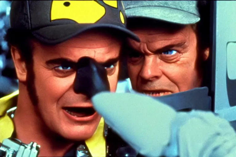 Image similar to Jack Nicholson plays Pikachu Terminator, scene where his inner exoskeleton is visible and his eye glows red, still from the film