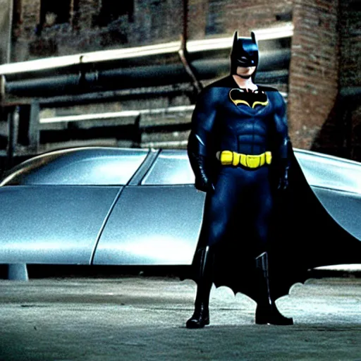 Image similar to henry cavill as batman in batman ( 1 9 8 9 ), standing next to the batmobile, by tim burton, dark deco, gotham city, film still