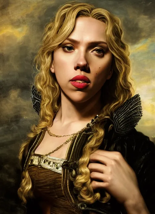 Image similar to Beautiful ,black Canary , Scarlett Johansson,, Dramatic, Edge, Good, Infused, Backlight, De-Noise, VFX, insanely detailed and intricate, hypermaximalist, facial ,elegant, ornate, hyper realistic, super detailed, by Anthony Van Dyck, by Ivan Shishkin, by John Constable