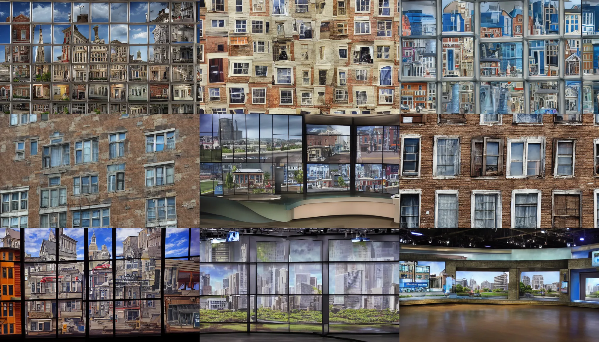 Prompt: A backdrop for the set of a news show depicting buildings from a very small town, jumbled together, seen through simulated windows, closeup,