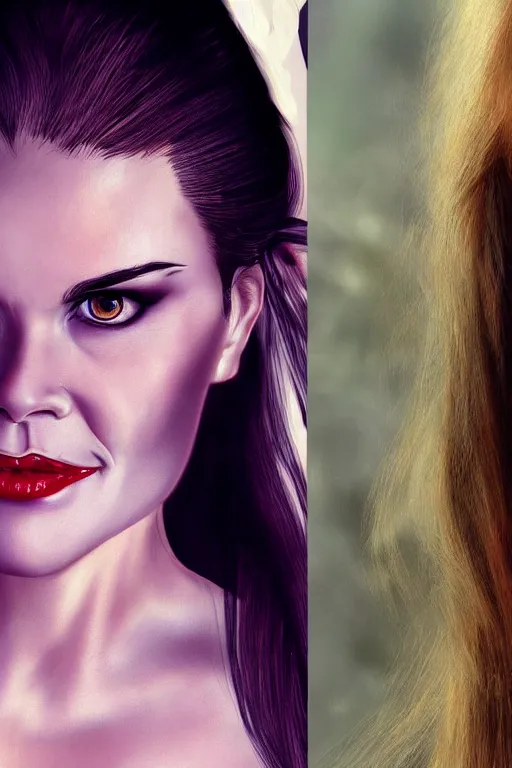 Prompt: mix of beautiful young maria shriver, mariel hemmingway, brooke shields, nicole kidman and elle macpherson as a vampire showing vampire teeth, ready to bite, thin lips, hair tied up in a pony tail, dark blonde hair, colorful, artstation, cgsociety