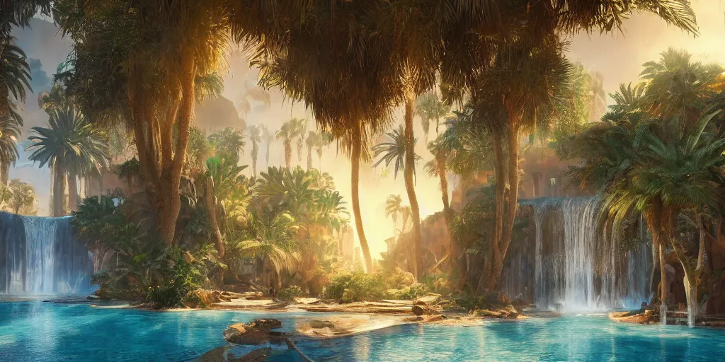 Image similar to beautiful oasis waterfalls surrounded by palm trees moroccan tile archways, date trees, ivory towers sunset peter morbacher ross tran angelarium greg rutkowski alchemy luxury heavenly light soft illumination, trending on artstation cinematic lighting digital painting octane render, artgerm